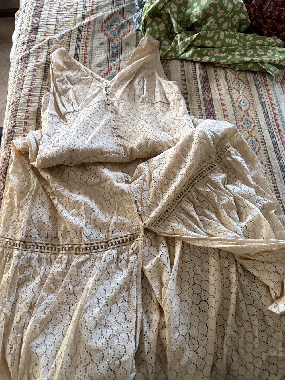 Current Air Ivory Lace Button-Front Maxi Dress